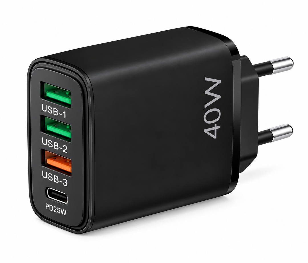 40W Vægoplader – 3× USB-A + 1× USB-C